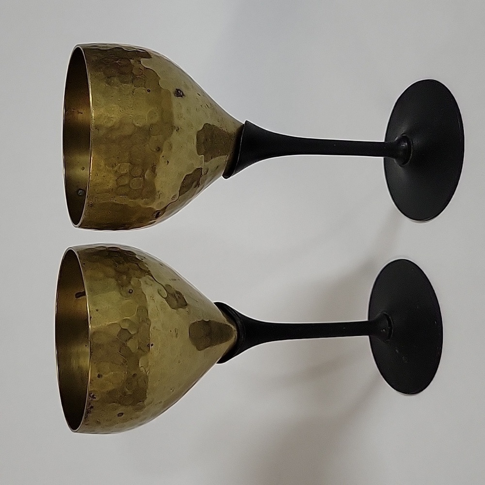 Vintage Set of Hammered Brass Wine Goblets w/Cala Lilly Stems, Made in India